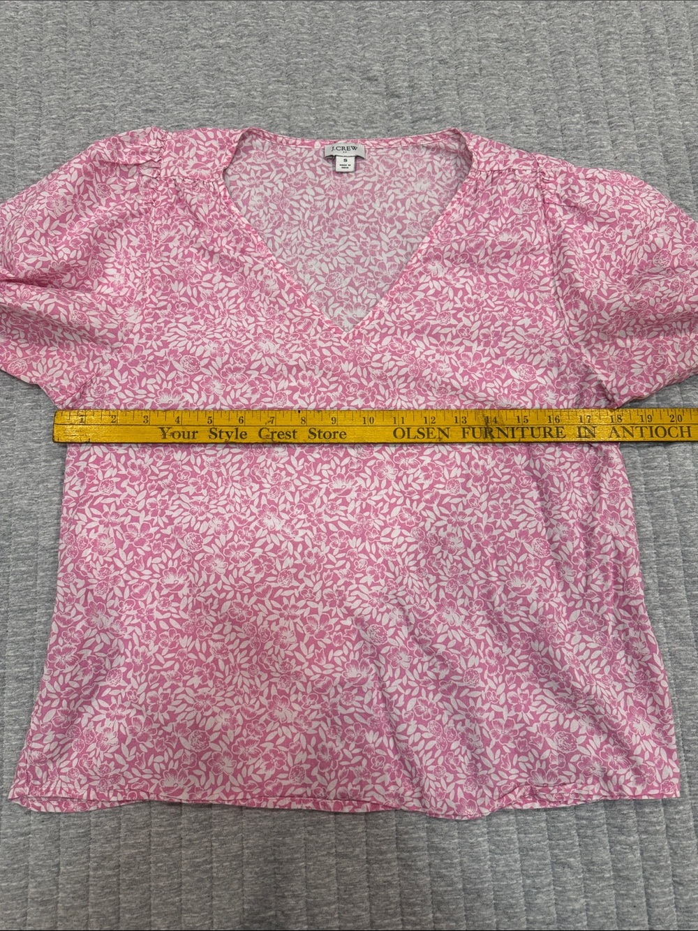 J. Crew 100% cotton puff sleeve v neck pink & white floral print blouse Sz S - Picture 4 of 8